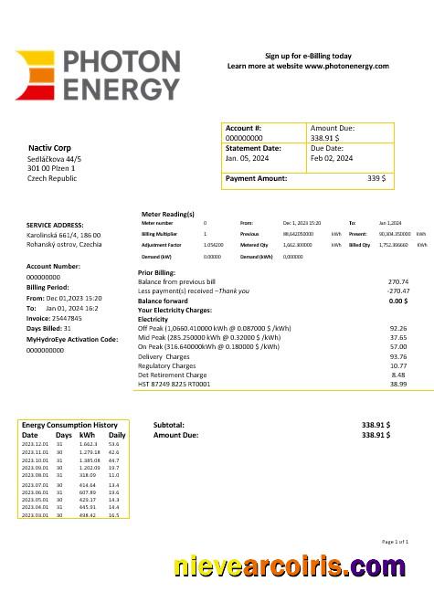 Czech Republic Photon Energy business utility bill